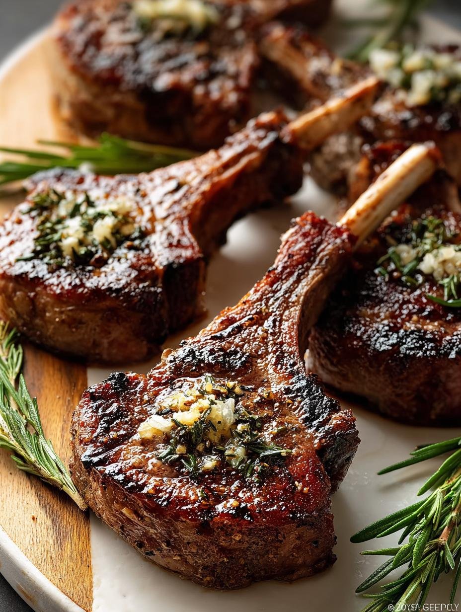 Succulent Garlic Rosemary Grilled Lamb chops perfectly seared on a grill