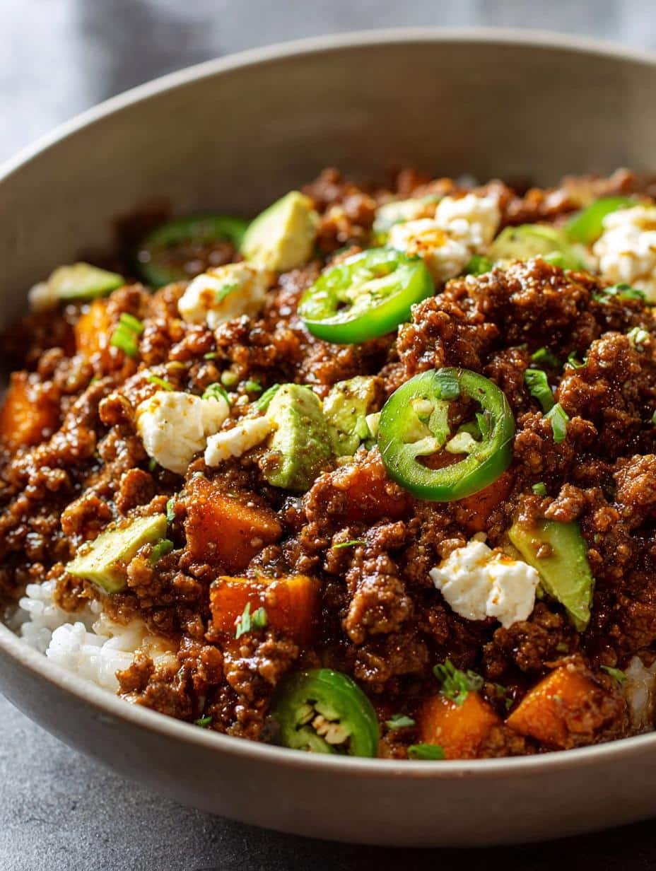 Delicious Ground Beef Hot Honey bowl with sweet potatoes, avocado, and feta, ready to eat