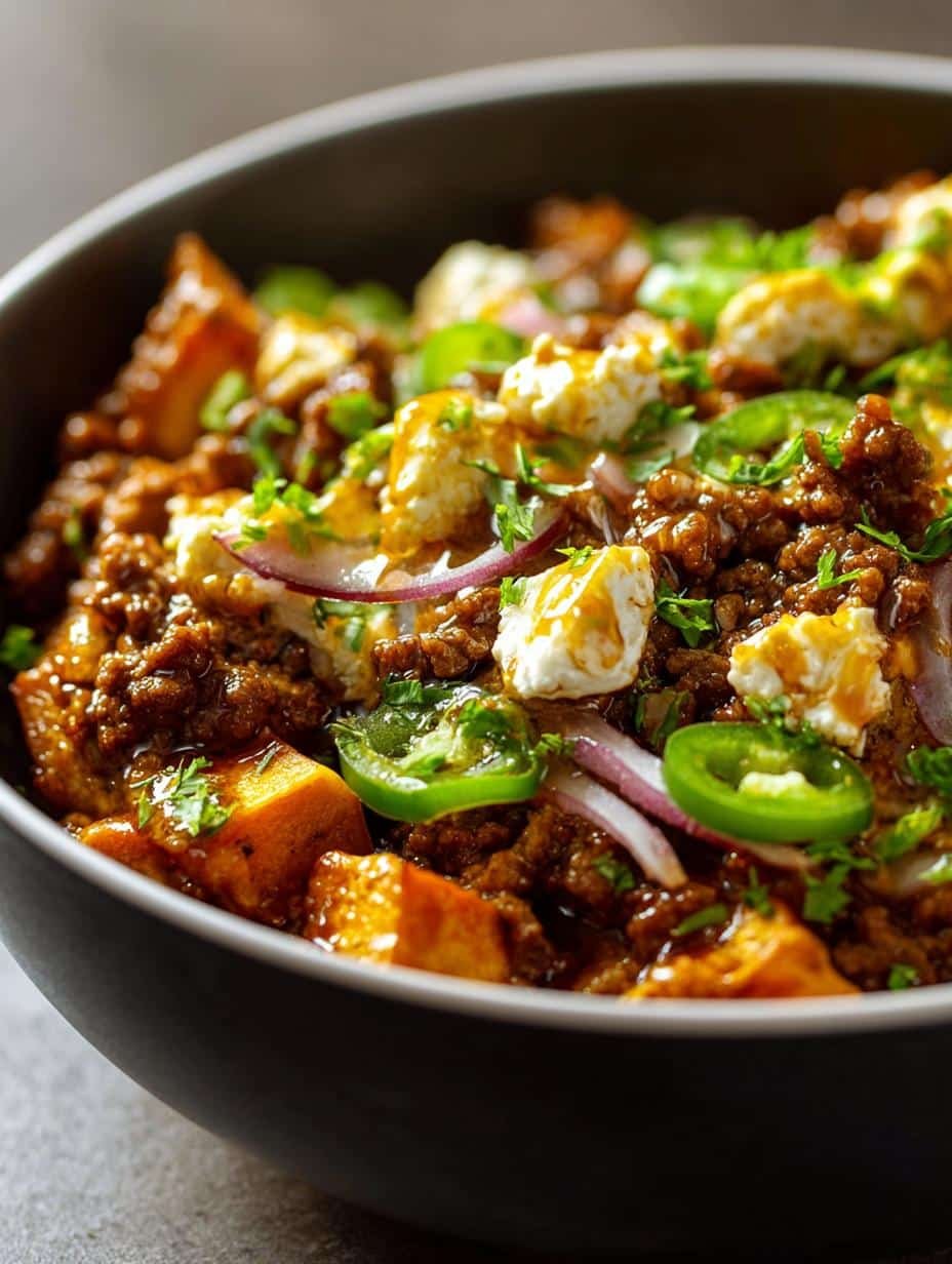 Close-up of Ground Beef Hot Honey with vibrant colors and fresh garnish