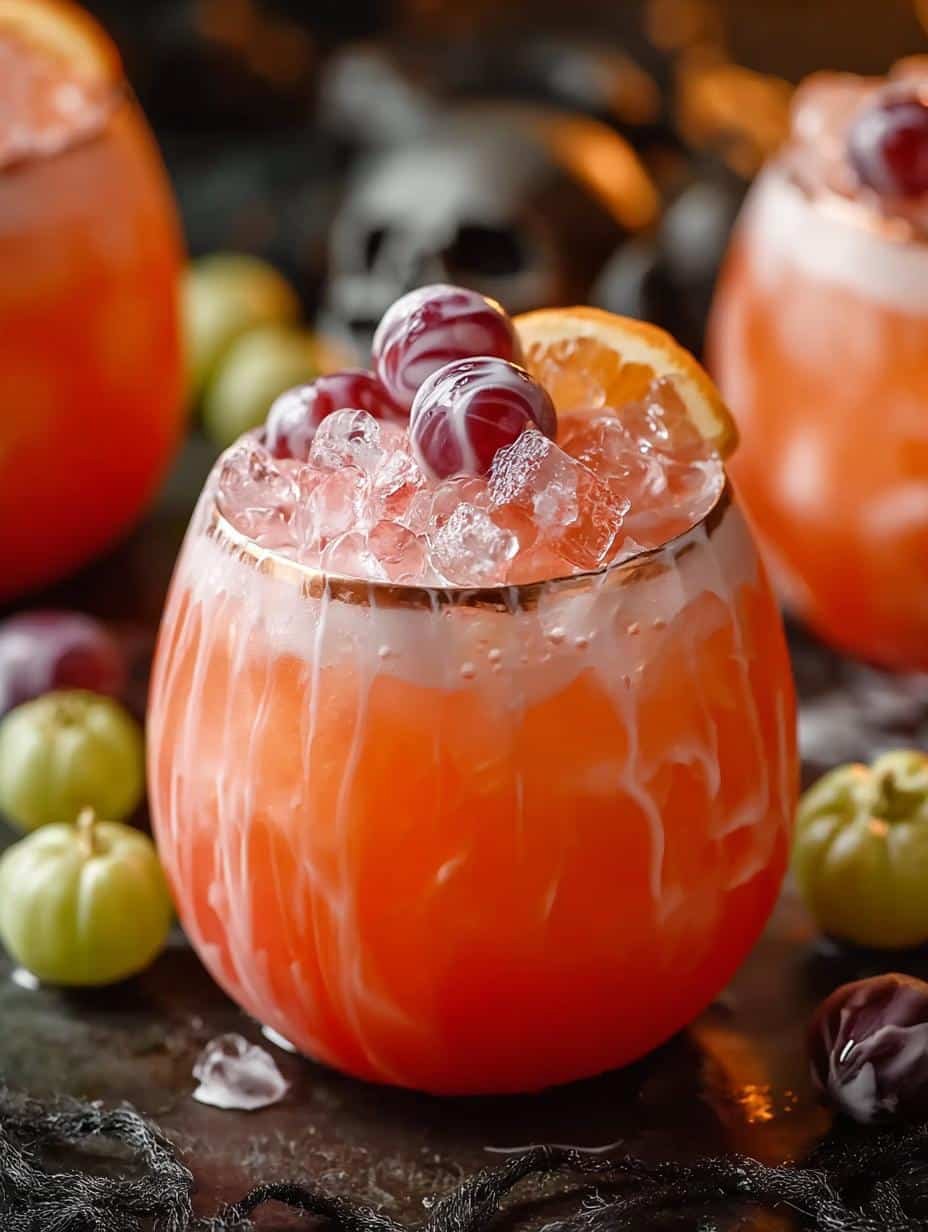 Vibrant Hocus Pocus Punch with rainbow sherbet swirls in a clear punch bowl, ready for a Halloween party