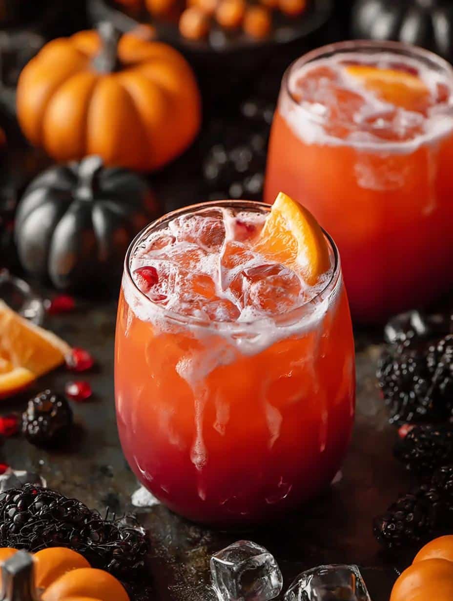 Close-up of Hocus Pocus Punch with melting rainbow sherbet and a spooky gummy worm garnish, perfect for Halloween