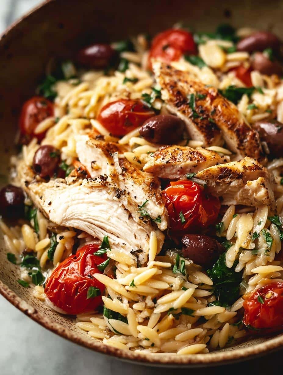 Delicious Mediterranean Chicken Orzo with tender chicken, orzo pasta, and fresh vegetables in a bowl