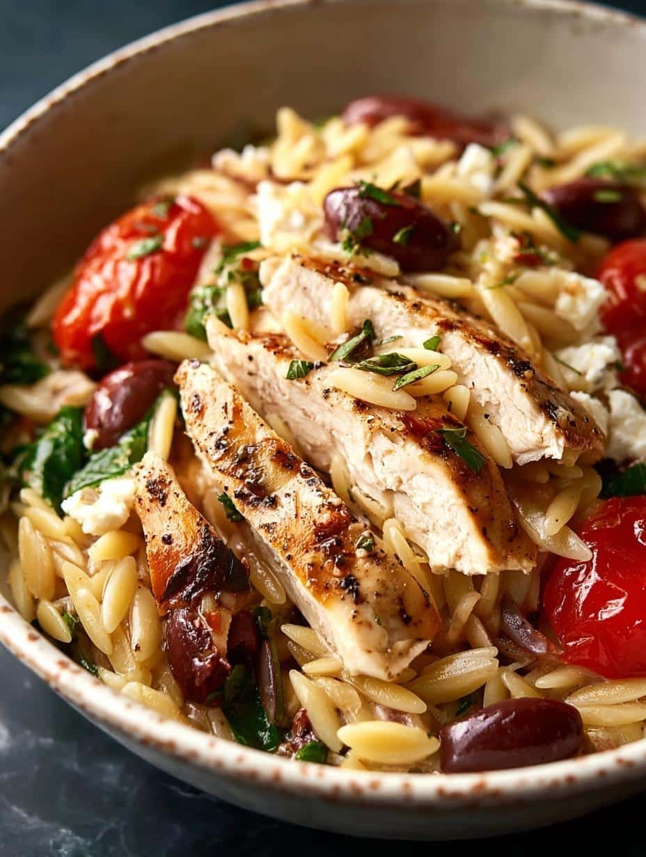 Close-up of Mediterranean Chicken Orzo in a serving bowl, garnished with fresh parsley