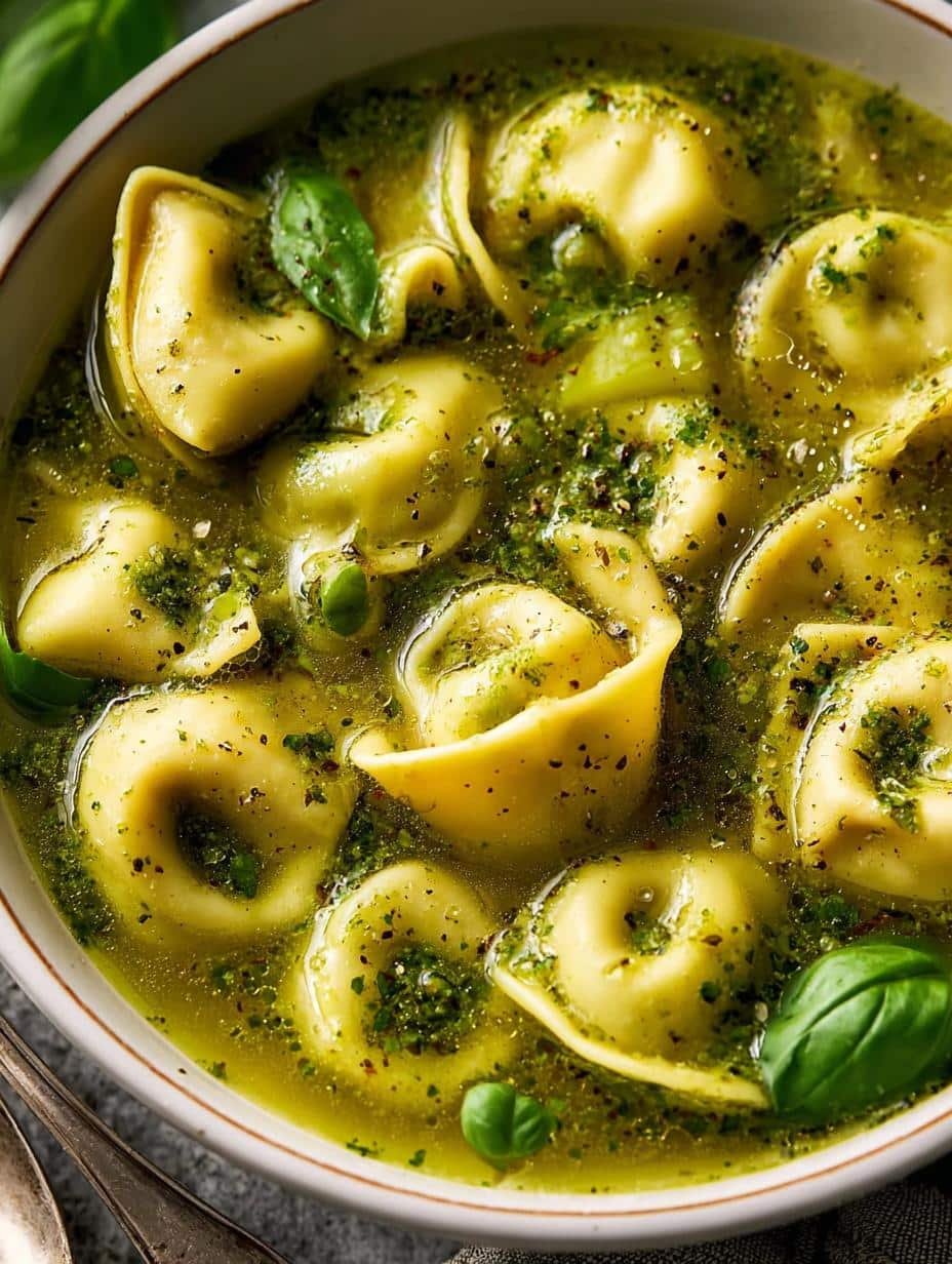 Delicious Pesto Tortellini Soup in a white bowl with fresh basil garnish, ready to eat
