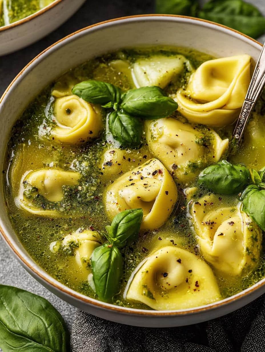Close-up of Pesto Tortellini Soup in a bowl, garnished with fresh basil and Parmesan