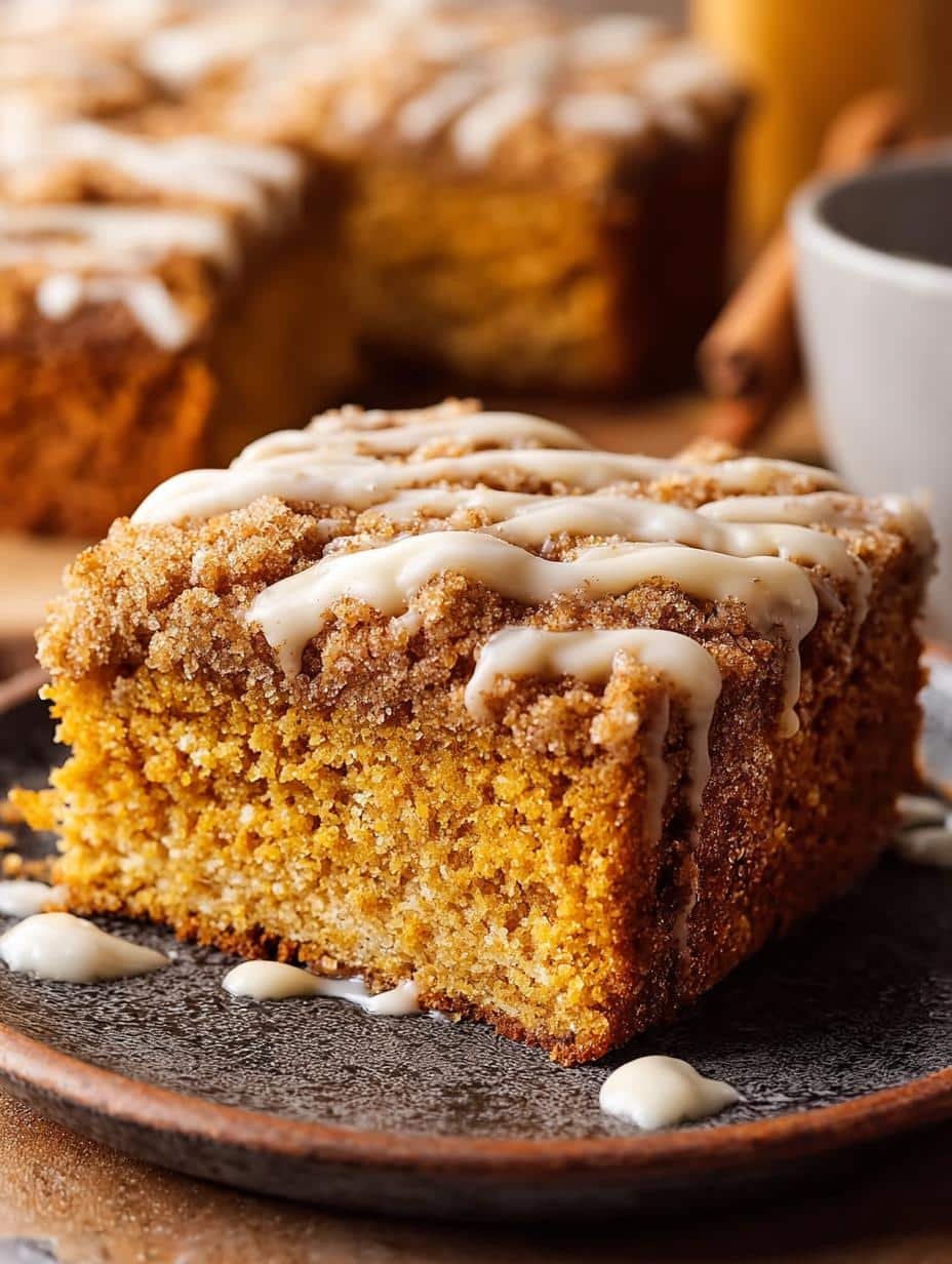 Delicious Pumpkin Coffee Cake with streusel topping and cream cheese drizzle, ready to be served