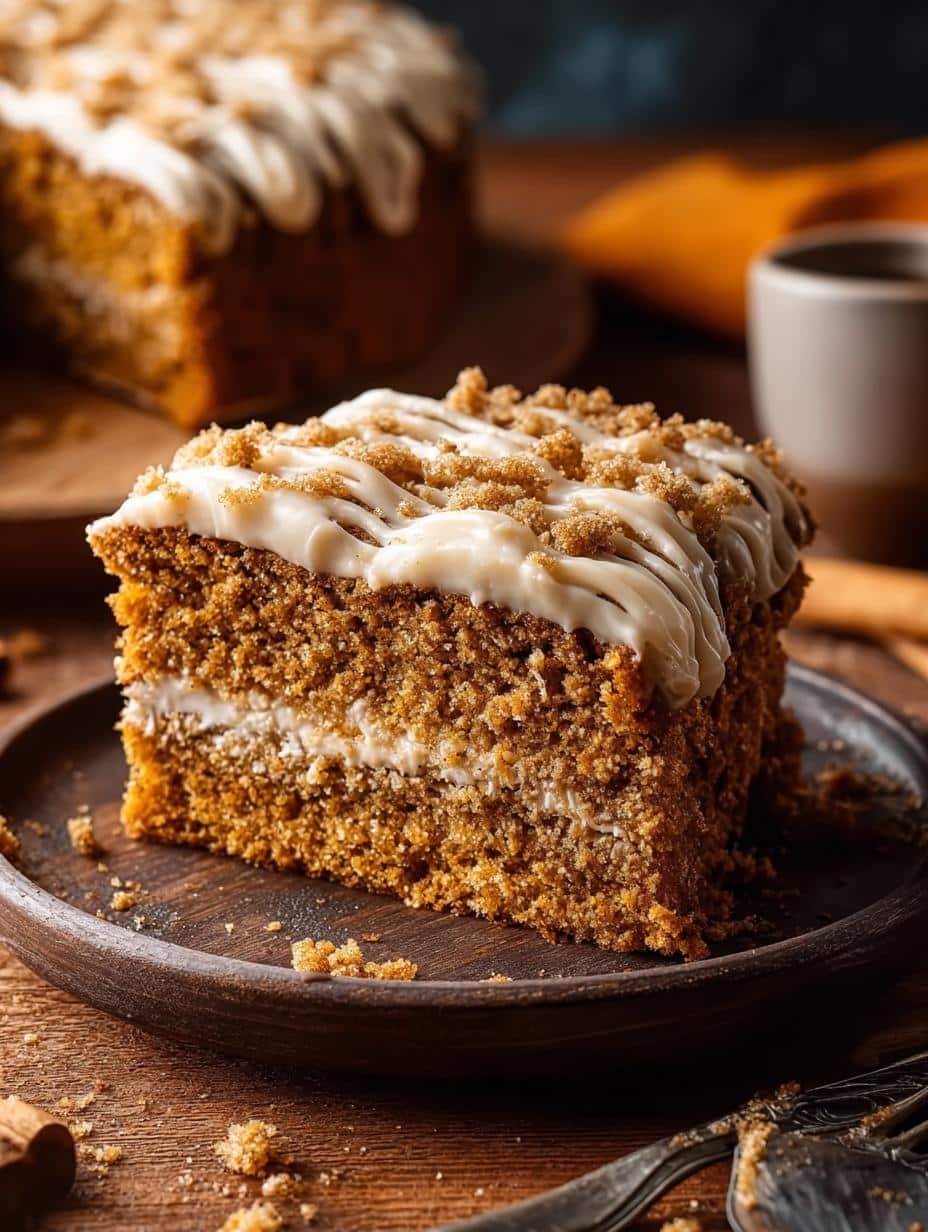 Close-up of a slice of Pumpkin Coffee Cake showing moist texture and crumbly streusel