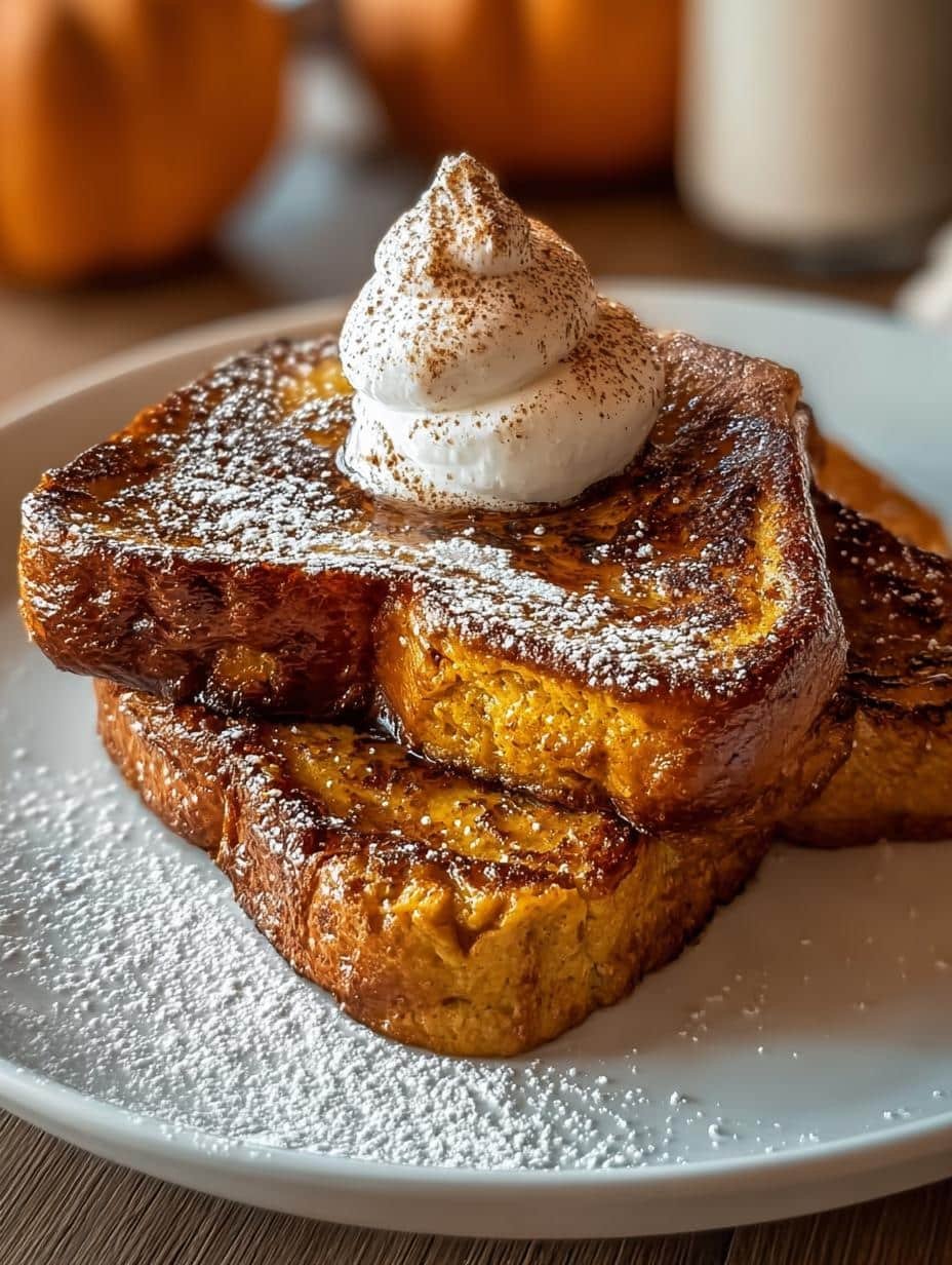Delicious Pumpkin French Toast Brown with maple syrup and cinnamon butter, a perfect fall breakfast treat