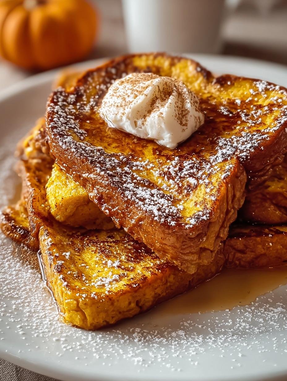 Close-up of Pumpkin French Toast Brown stack with fresh berries and powdered sugar, highlighting its delicious texture