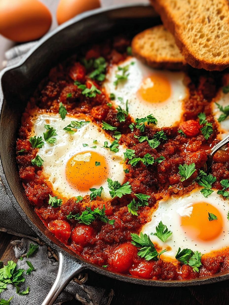 Delicious Saucy Chorizo Eggs Purgatory in a skillet, ready to be served, showcasing the rich tomato sauce and perfectly cooked eggs.