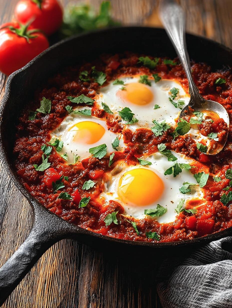 Close-up of Saucy Chorizo Eggs Purgatory with a spoon scooping up a runny yolk, highlighting the texture and sauciness.