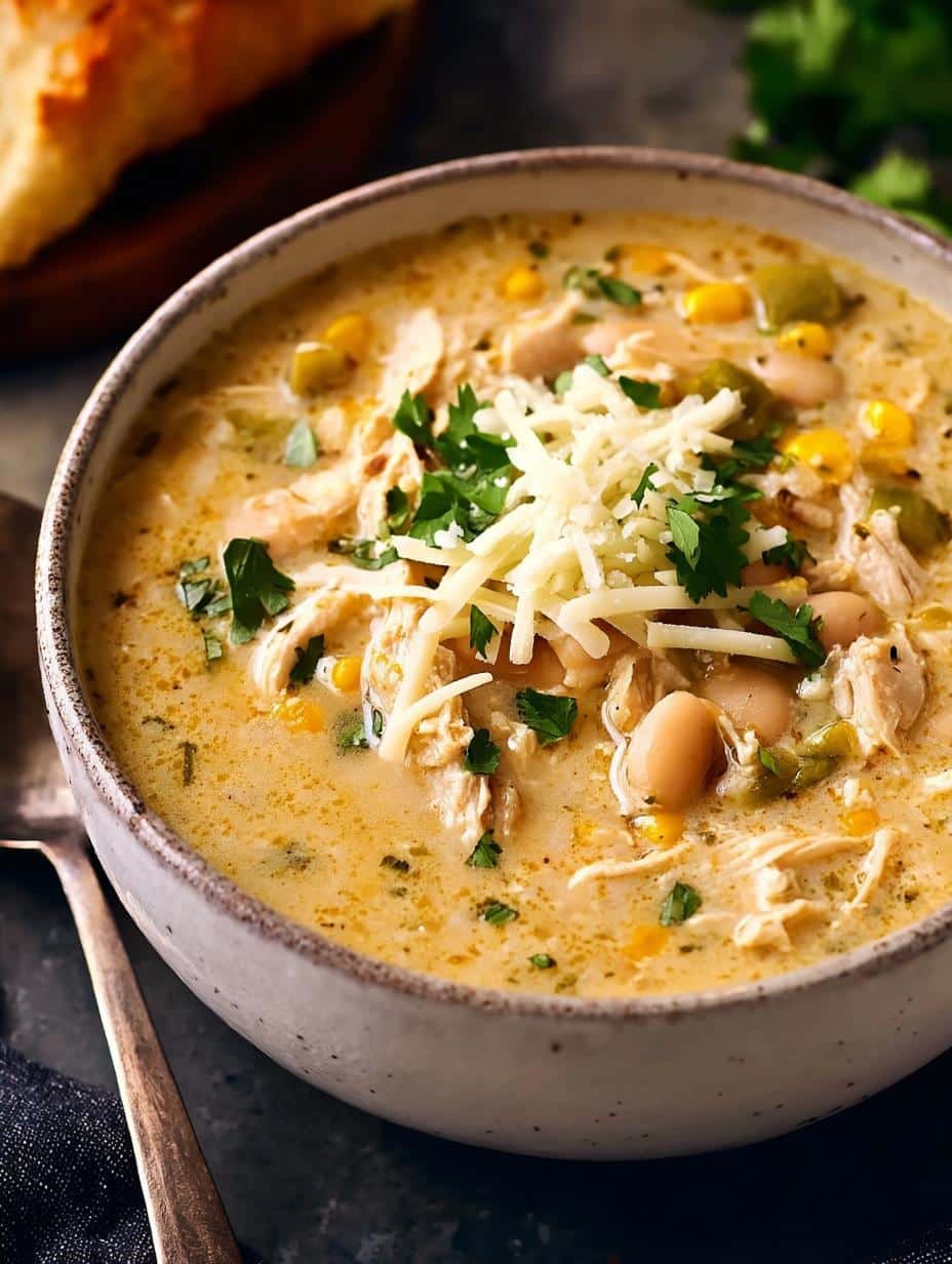 Delicious Slow Cooker White Chicken chili in a white bowl with fresh cilantro and lime, ready to be served