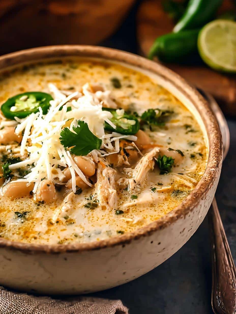 Close-up of creamy Slow Cooker White Chicken chili with shredded chicken and beans, garnished with fresh herbs