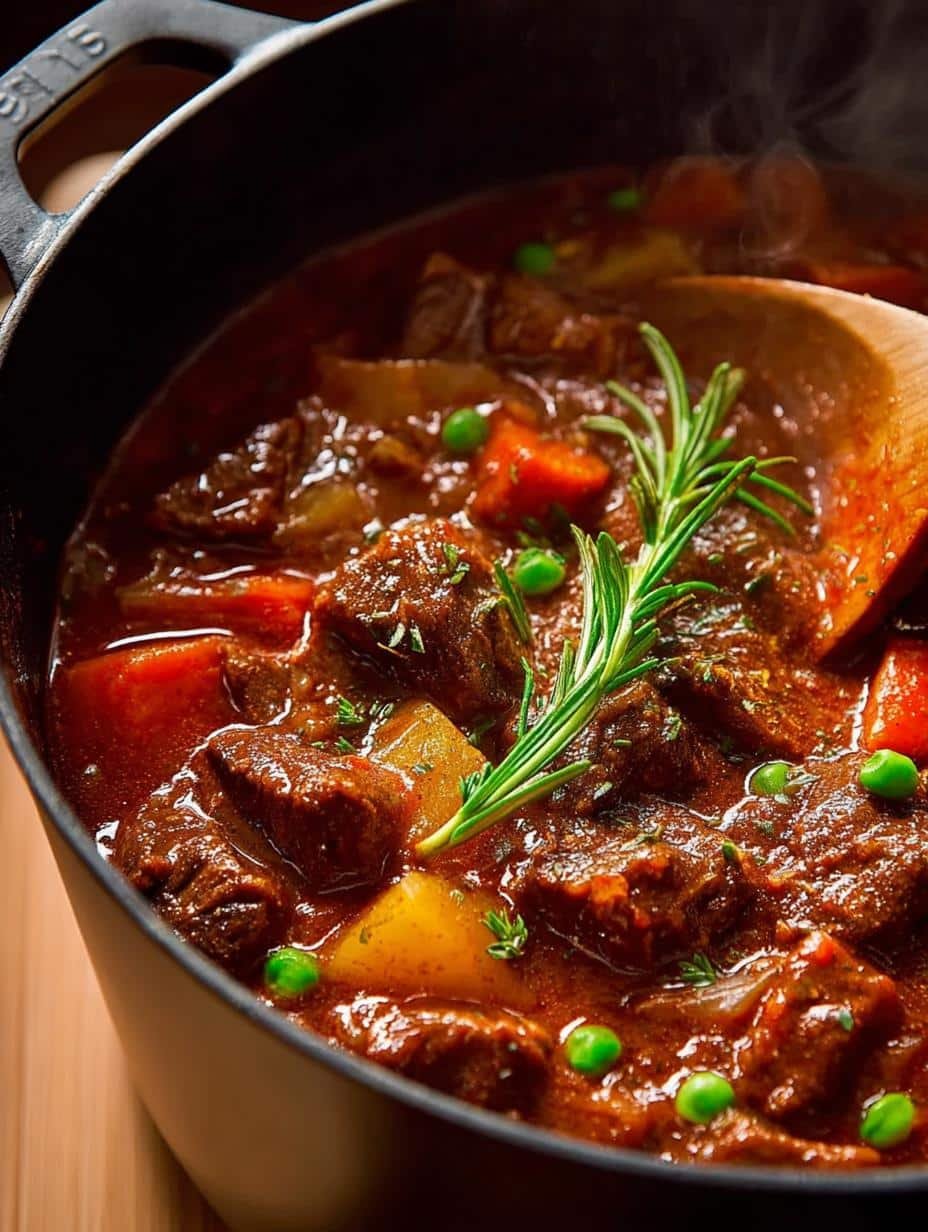 Hearty Stovetop Beef Stew with tender beef, carrots, and potatoes in a rich, savory broth, served in a white bowl with a spoon.