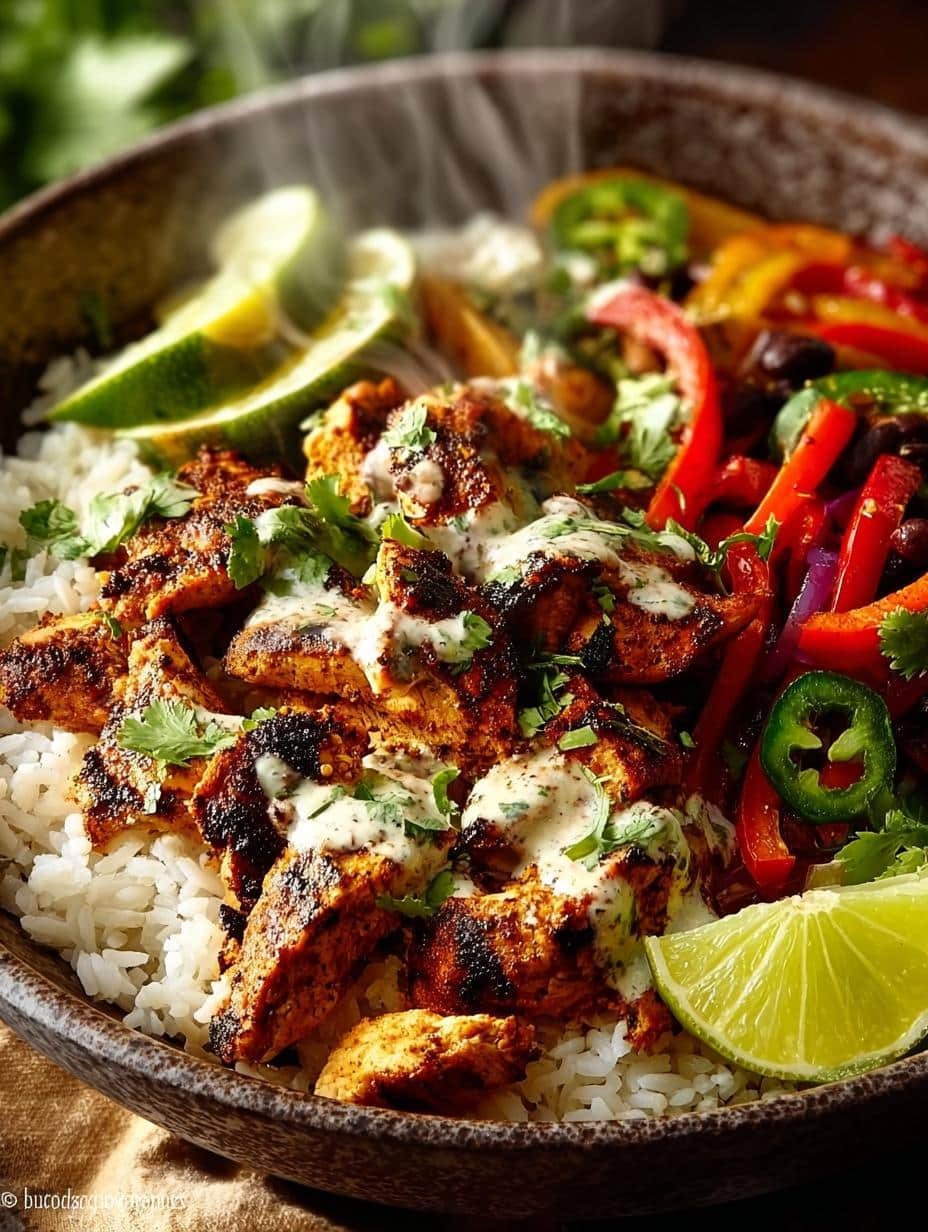 Irresistible Chicken Fajita Bowl with grilled chicken and fresh vegetables served over rice