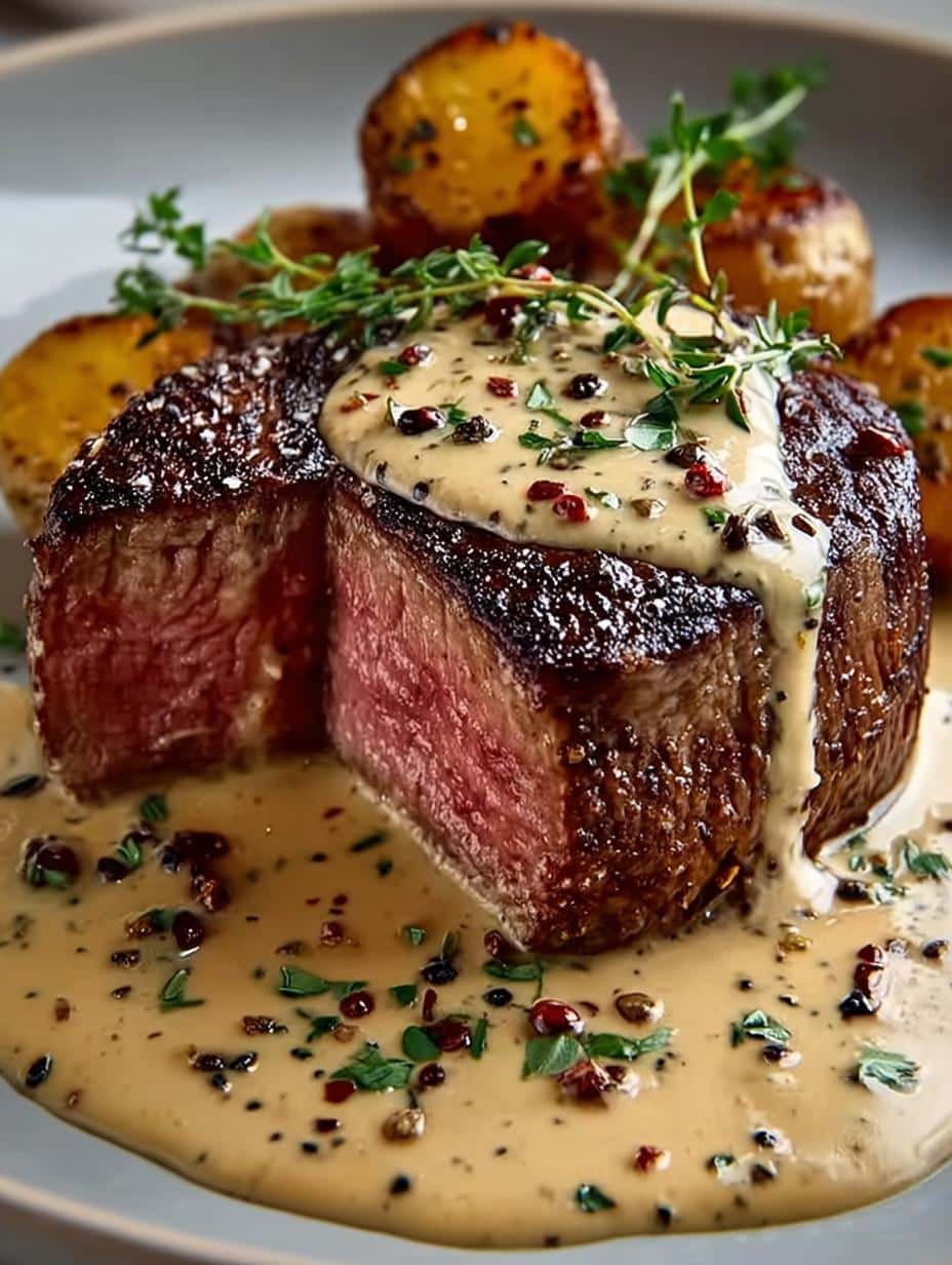 Irresistible Filet Mignon with Creamy Peppercorn Sauce served on a plate