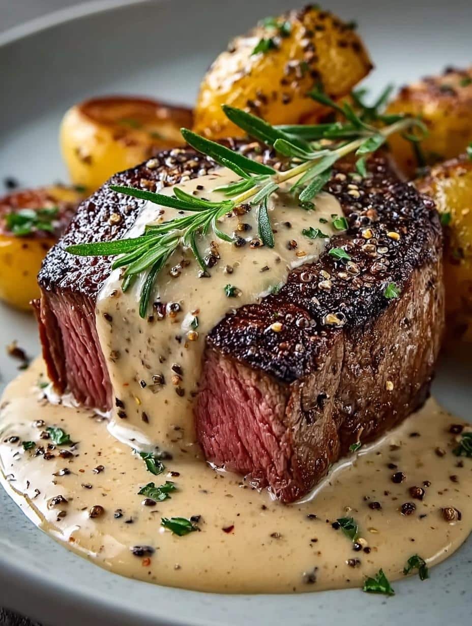 Delicious Filet Mignon with Creamy Peppercorn Sauce plated with sides