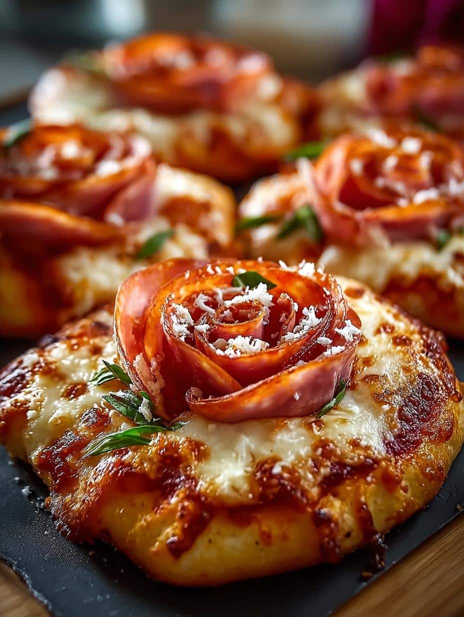 Irresistible Pizza Roses For Valentines fresh from the oven on a serving plate